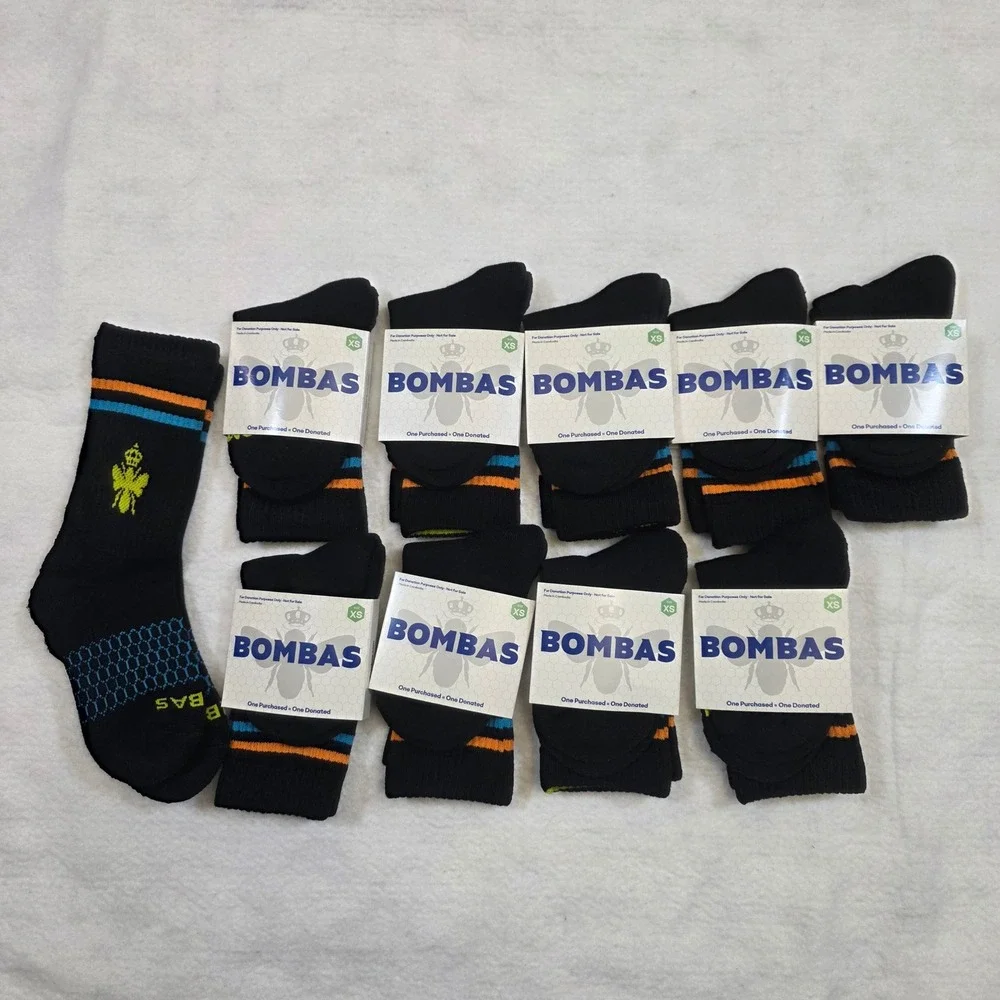 10 Pair Lot Bombas Crew Socks Kids XS Black Honeycomb Arch Support Tab